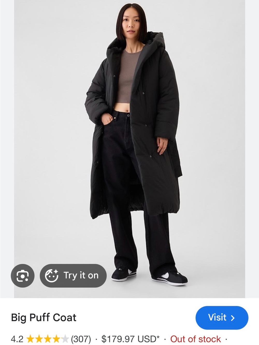 GAP Black Long Puffer Coat with Hood